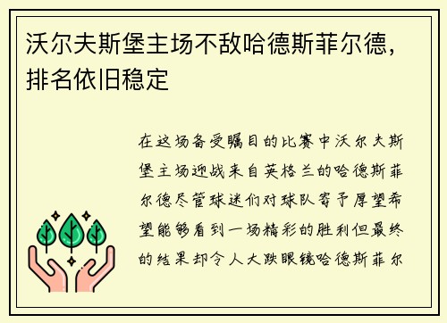 沃尔夫斯堡主场不敌哈德斯菲尔德，排名依旧稳定