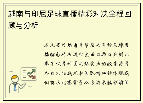 越南与印尼足球直播精彩对决全程回顾与分析