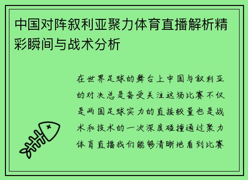 中国对阵叙利亚聚力体育直播解析精彩瞬间与战术分析