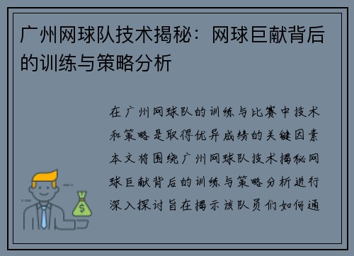 广州网球队技术揭秘：网球巨献背后的训练与策略分析